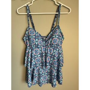 Christina Geometric Tiered Tankini Top Blue Boho Tropical Swimwear Womens 10